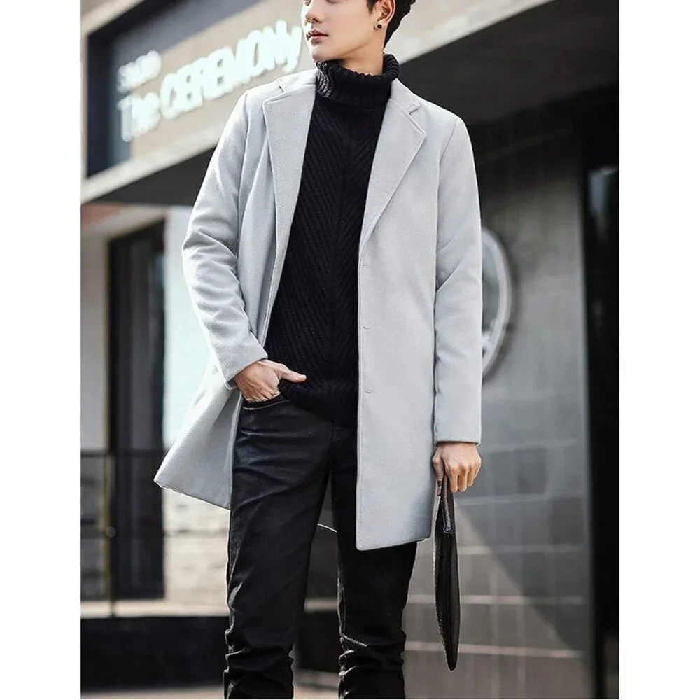 Men's Light Gray Wool Blend Pea Coat Notched Collar Single Breasted Overcoat